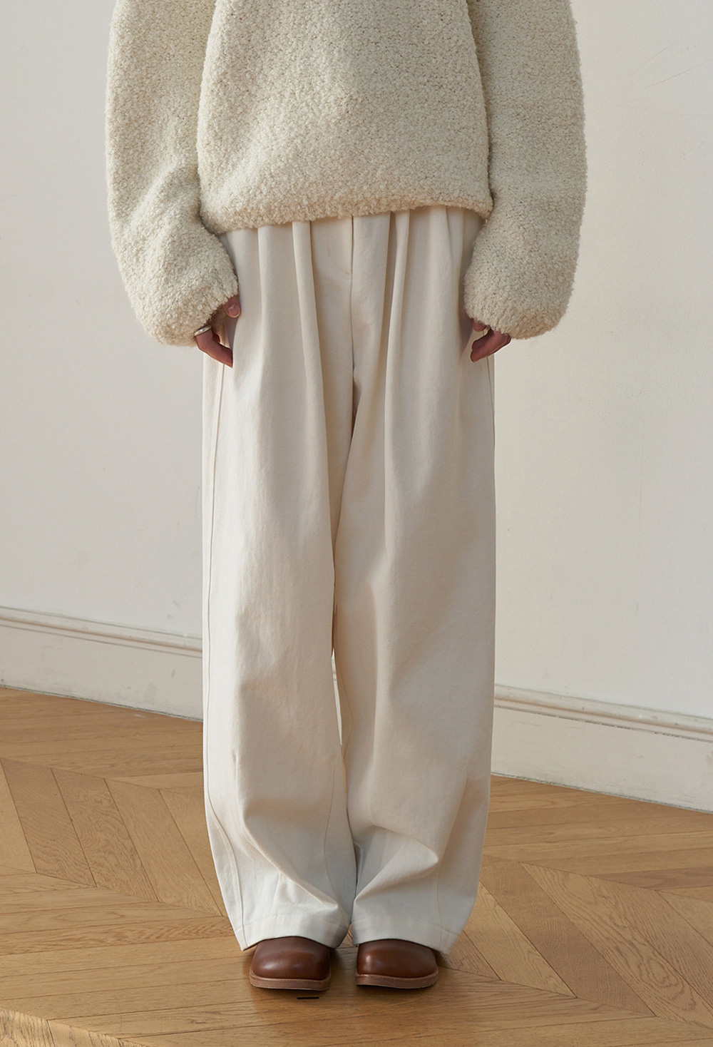 Twill Cotton Wide Trousers - Ivory 